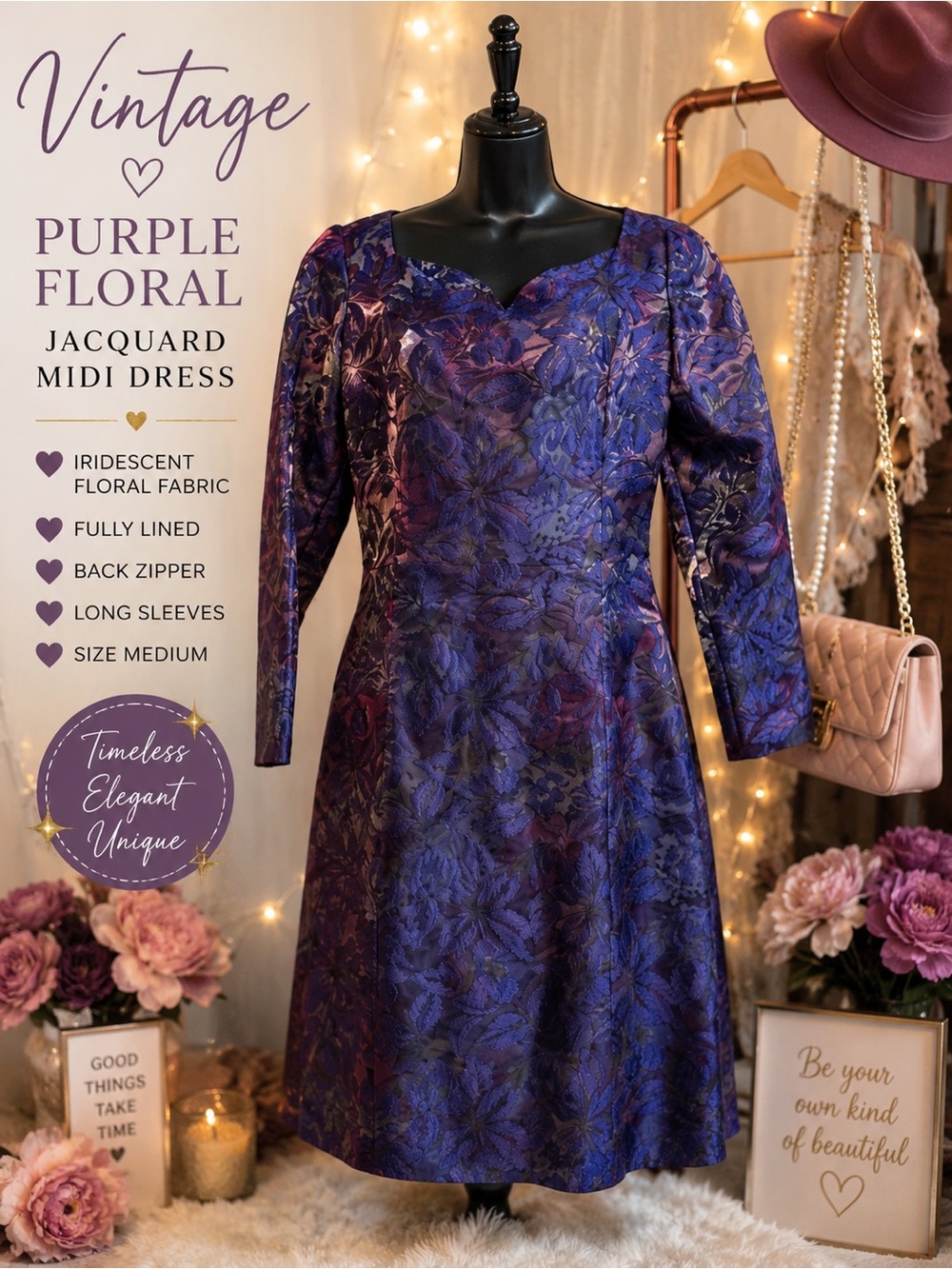 Vintage Purple Iridescent Floral Brocade Midi Dress Size Medium